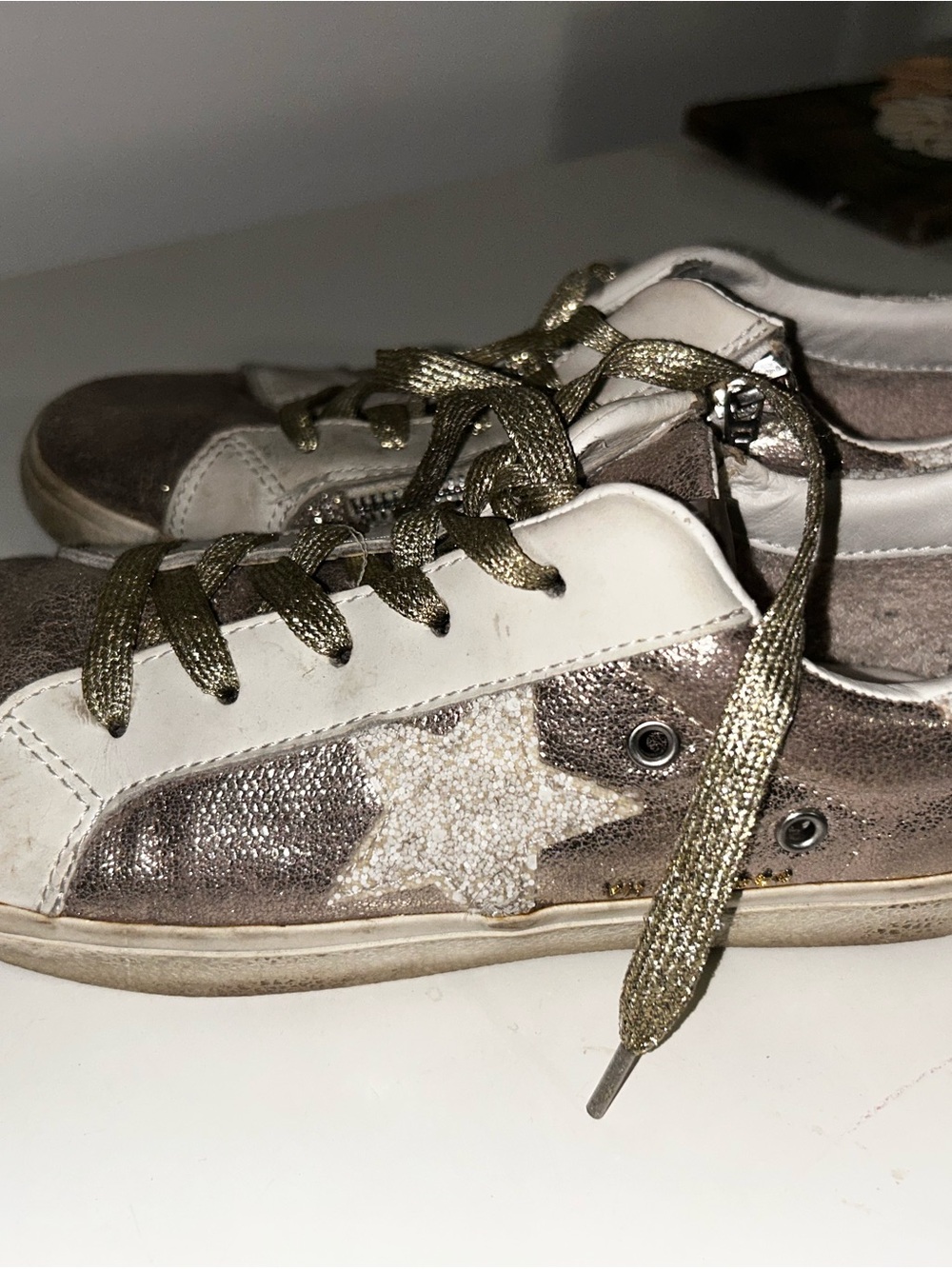 Vintage Havana Metallic Taupe and White Sneakers with Gold Laces